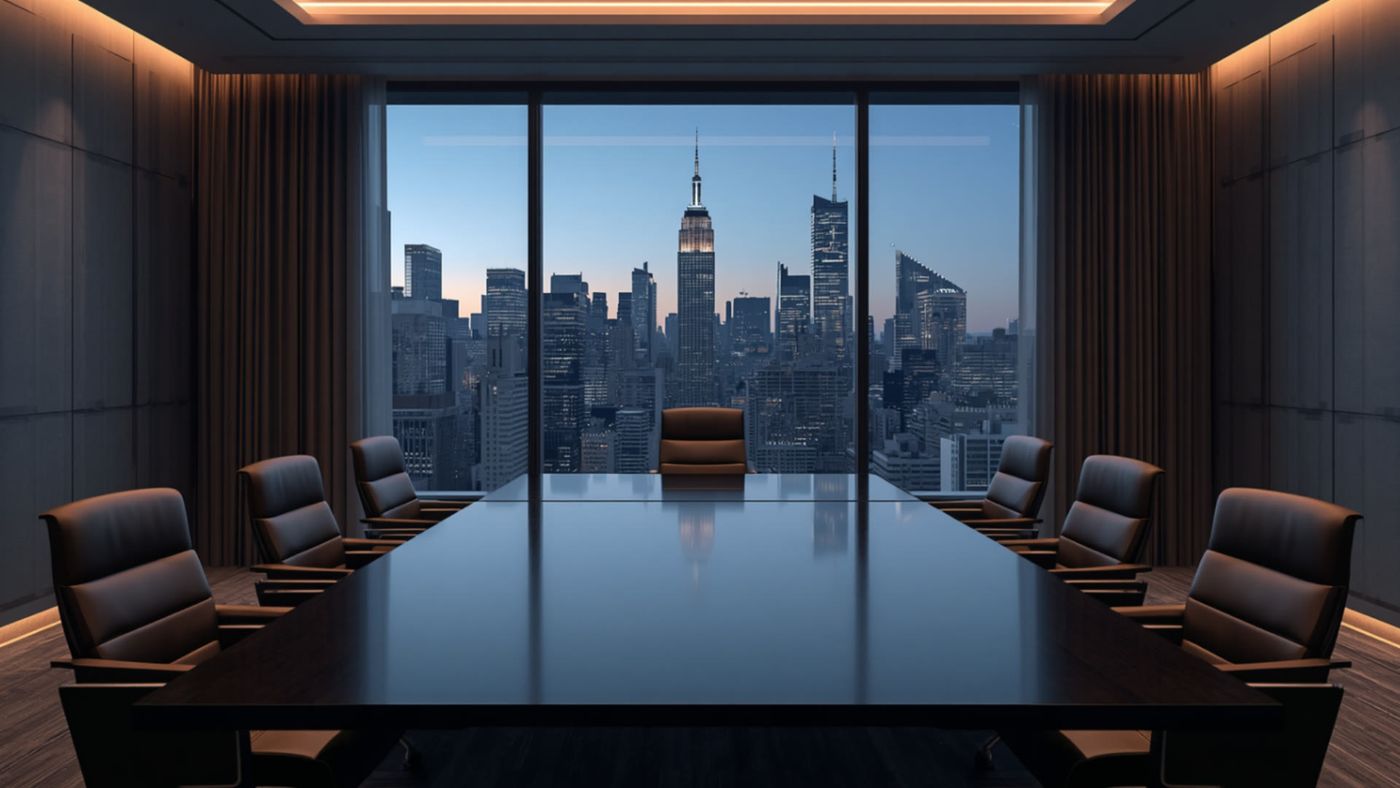 An empty executive boardroom at dusk, overlooking a city skyline.