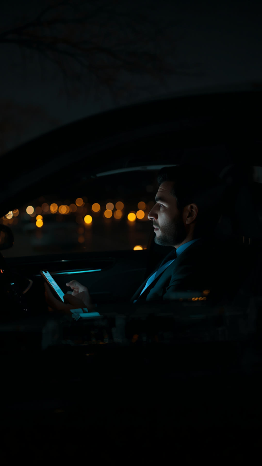 A businessman checking his phone in a car at night, city lights blurred outside.