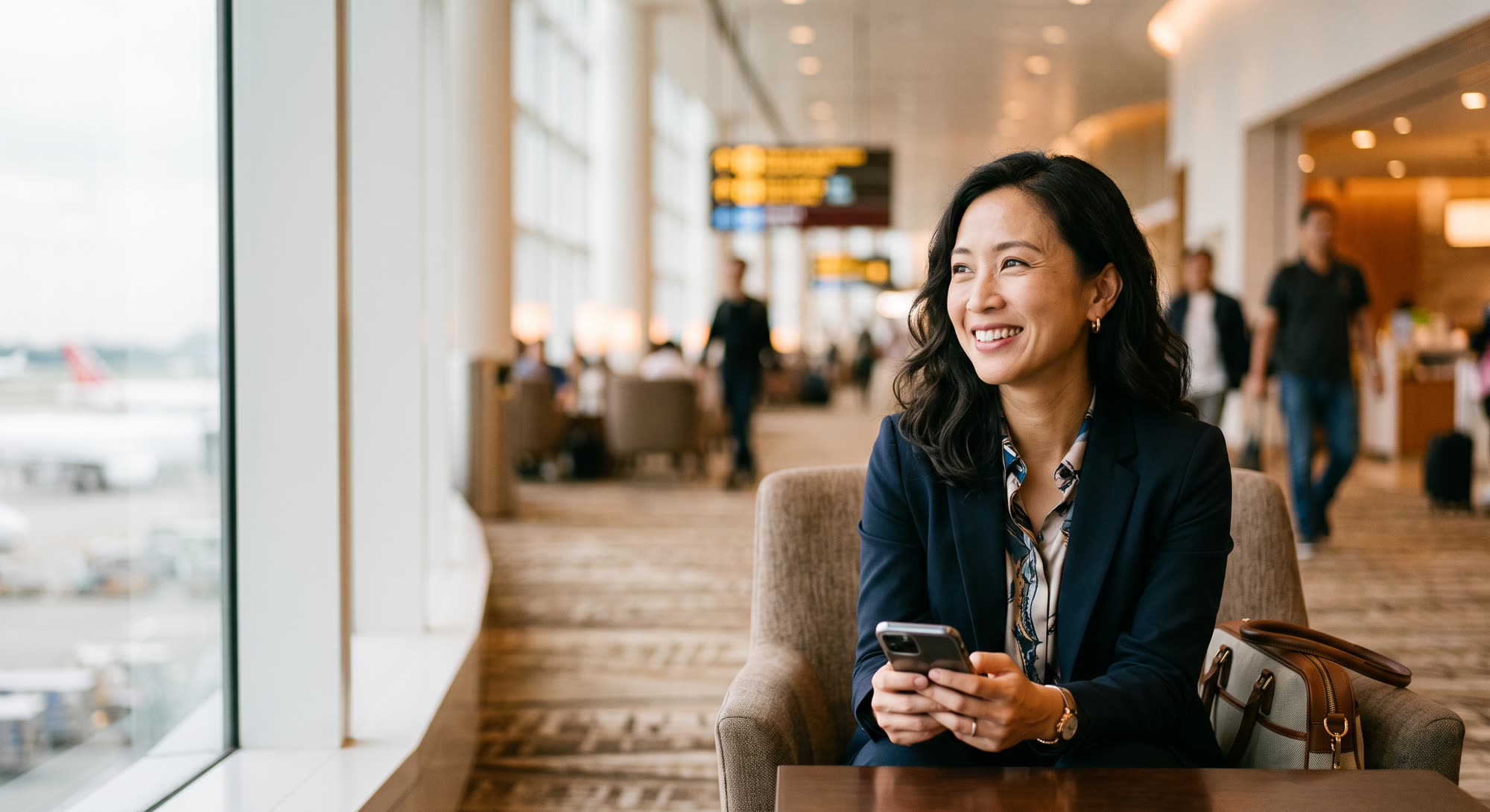 A smiling businesswoman seated in an airport lounge, checking her phone beside the window.