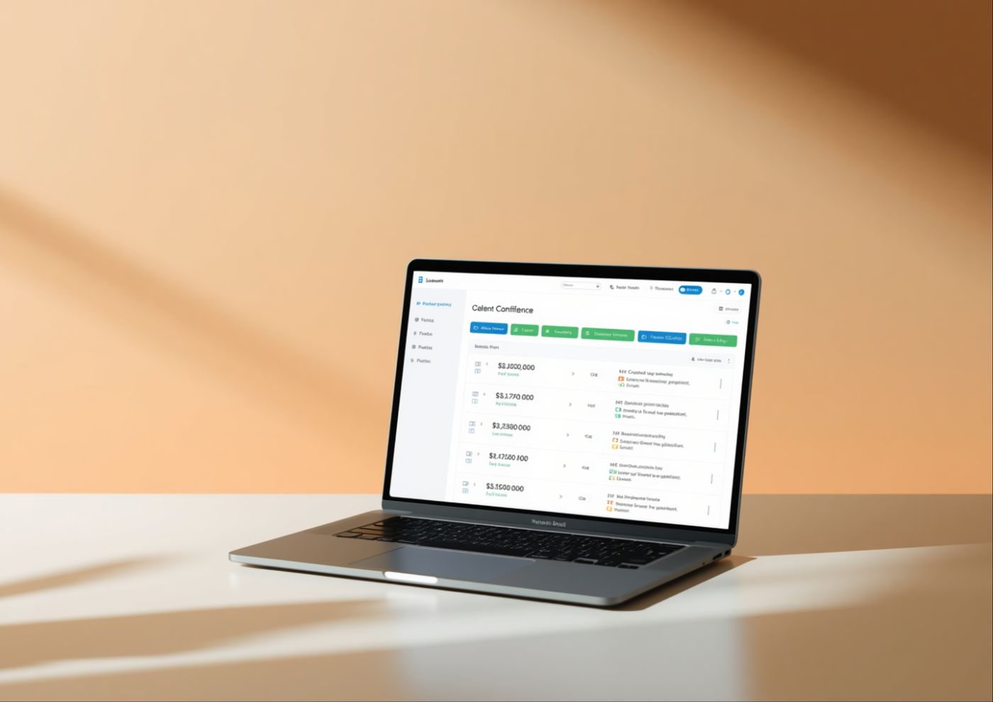 A laptop on a desk showing an approvals dashboard with a list of amounts.
