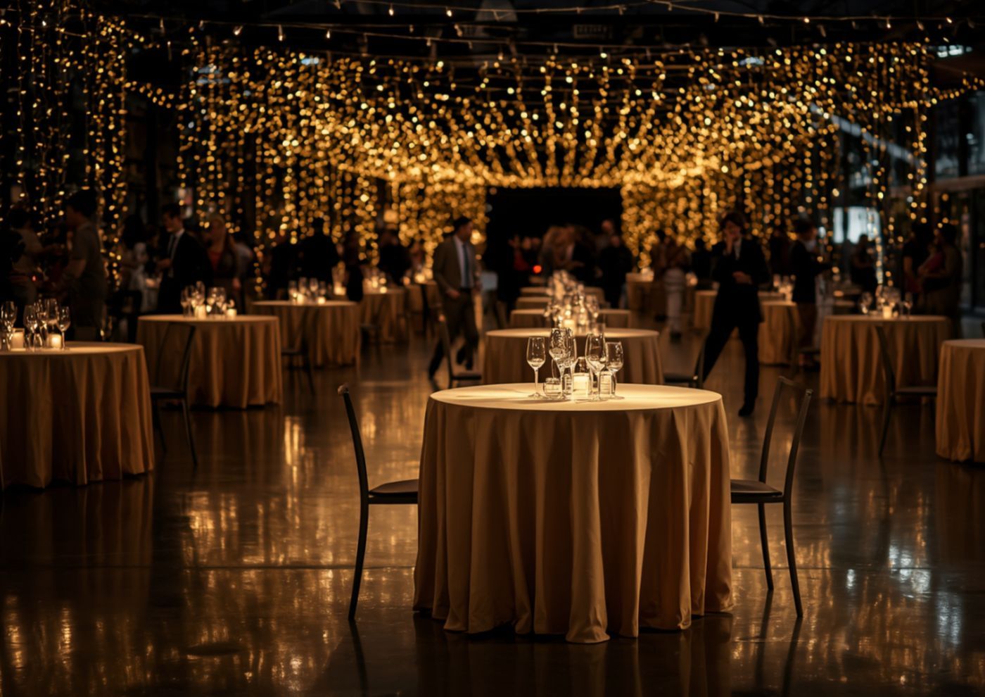 Pengaturan makan malam acara yang elegan dengan lampu gantung di atasnya.