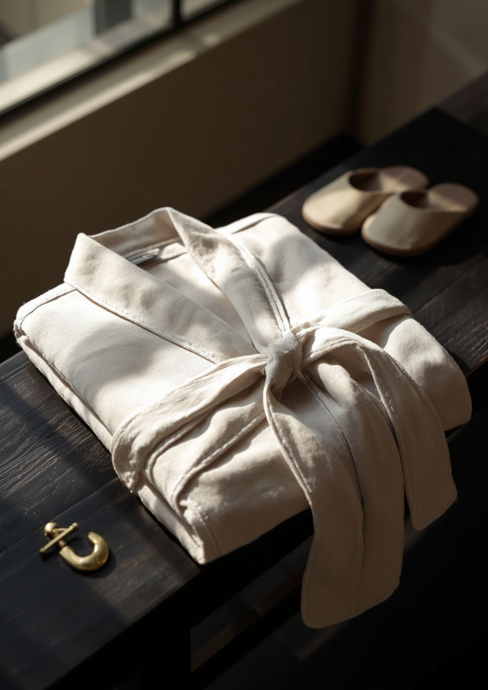 A folded hotel robe and slippers on a bench beside a window.
