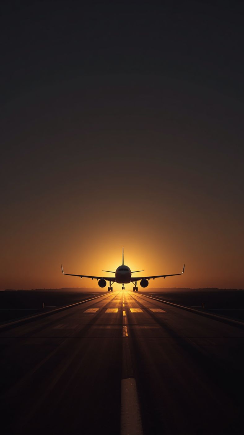 A private jet silhouetted against the sunset on the runway.
