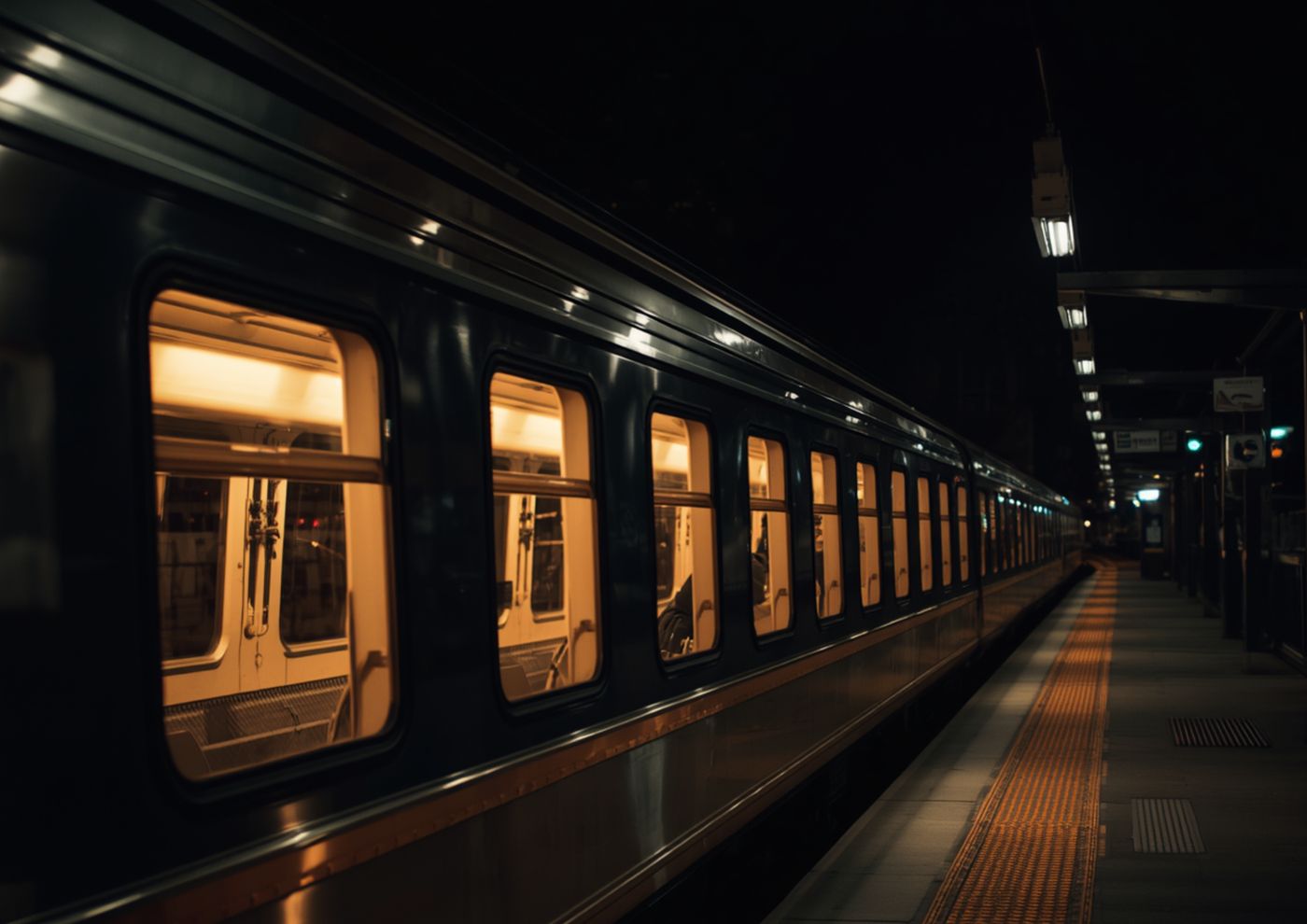A train illuminated at night beside an empty station platform.
