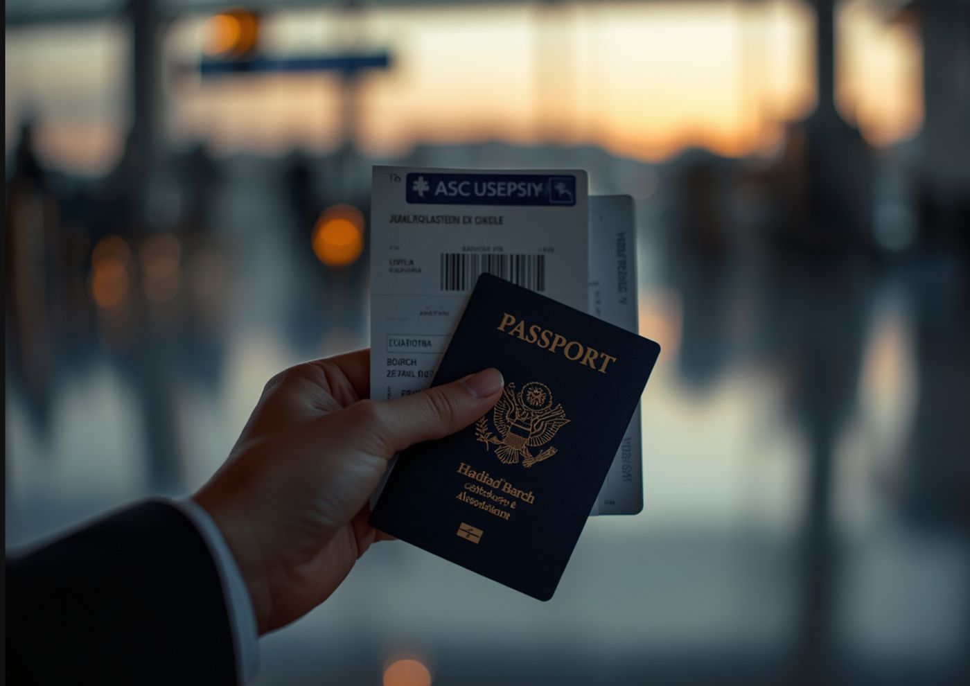 A hand holding a passport and boarding pass at the airport.