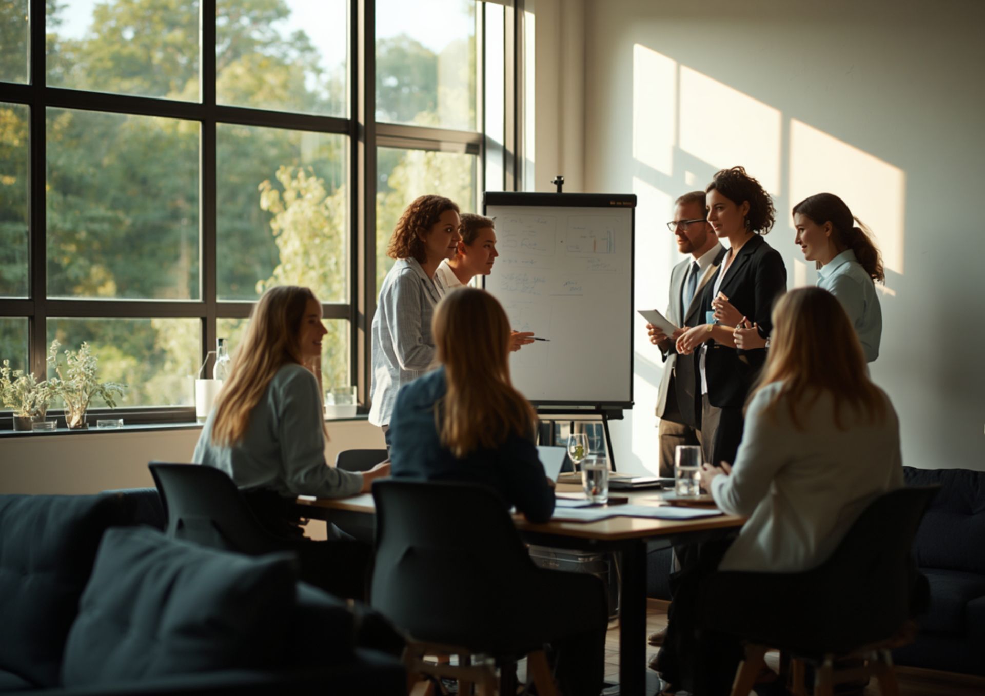 A team gathered around a whiteboard in a sunlit meeting room