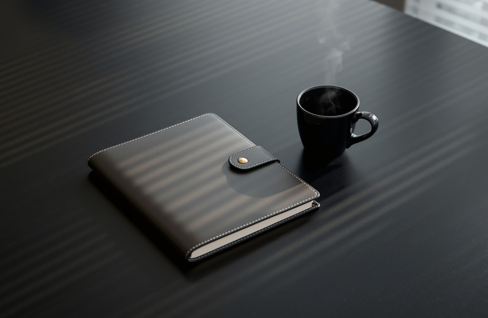 A leather notebook and a steaming cup of coffee on a dark desk