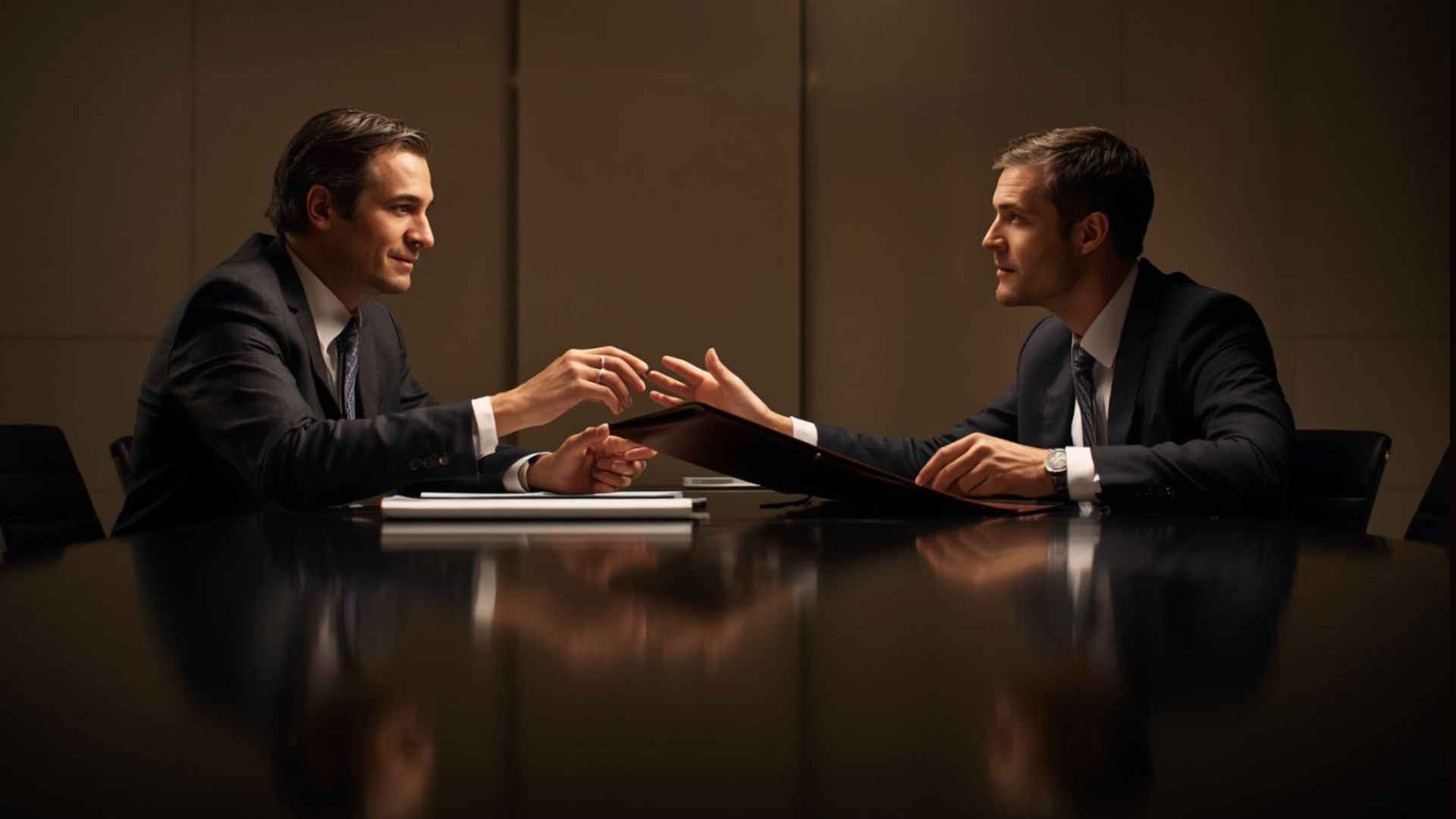 Two colleagues in a dim boardroom passing a folder across the table