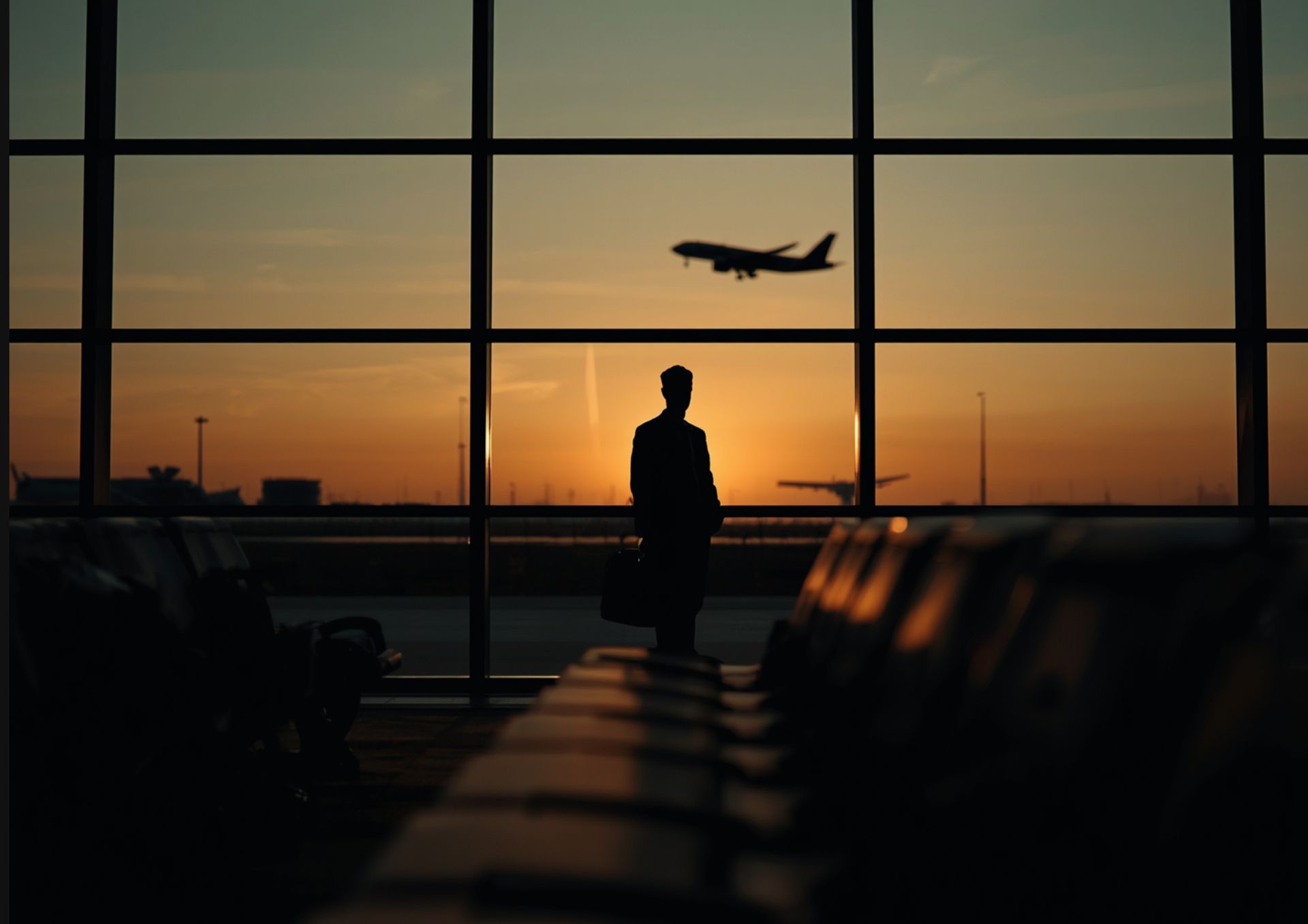 Siluet seorang pelancong melihat pesawat lepas landas melalui jendela terminal bandara saat senja.