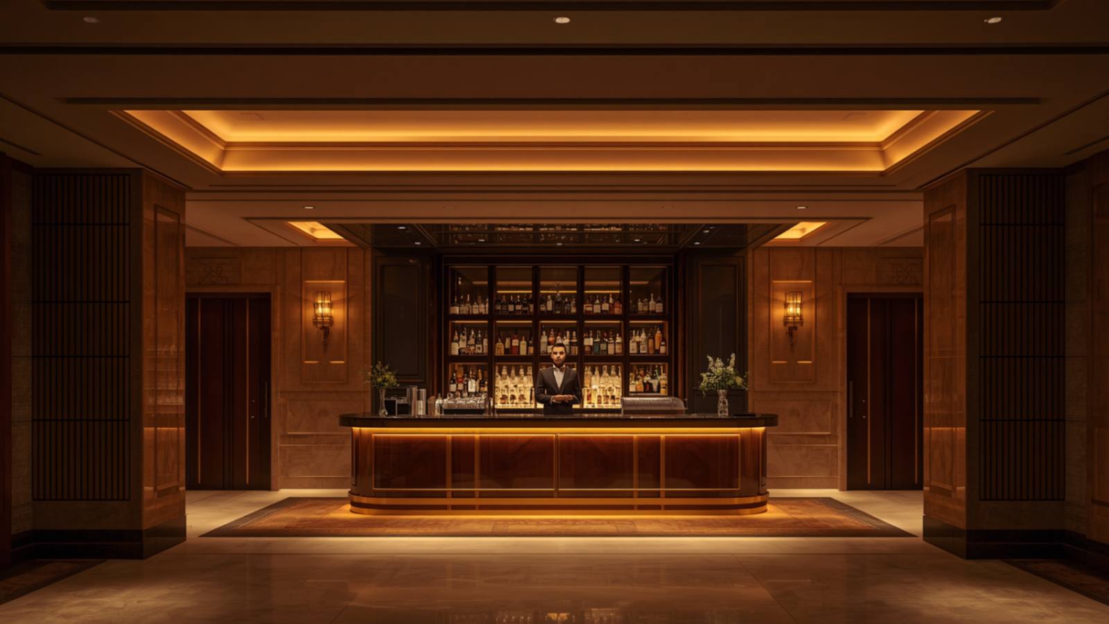 An elegant hotel lobby bar with a bartender behind the counter